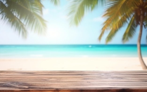 Mesa de madeira vazia em uma praia tropical com palmeiras ao fundo