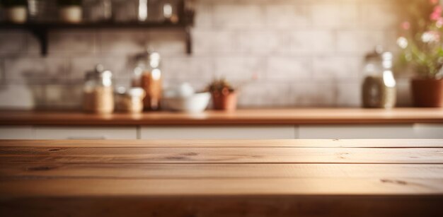 Foto mesa de madeira vazia gerativa de ia em fundo de cozinha moderna borrada com espaço de cópia