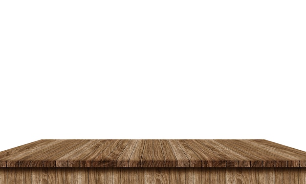 Mesa de madeira vazia isolada no fundo branco, maquete de seus produtos.