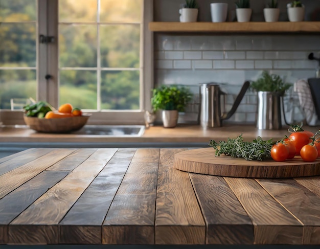 Mesa de madeira vazia na cozinha com fundo de janela desfocado pela manhã