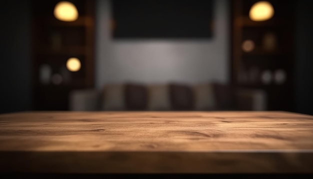 Mesa de madeira vazia na elegante sala de estar escura com fundo desfocado Generative AI
