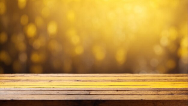 Foto mesa de madeira vazia na frente com fundo amarelo desfocado