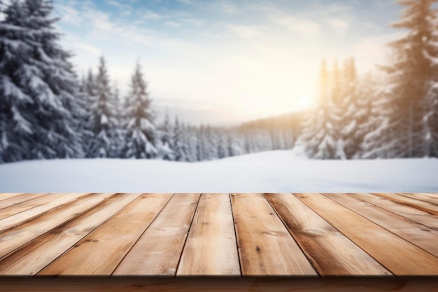 Mesa de madeira vazia na frente do fundo de inverno