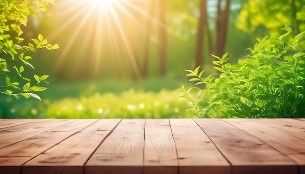 Mesa de madeira vazia na natureza ao ar livre e folhagem jovem e suculenta verde 4