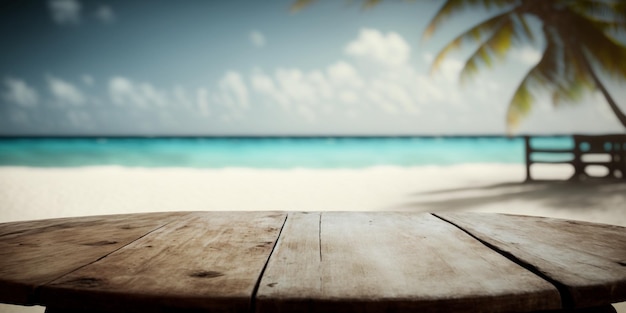 Mesa de madeira vazia na praia tropical