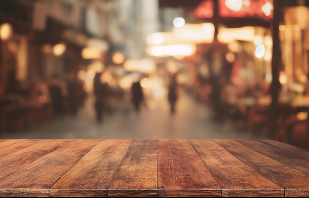 Mesa de madeira vazia no resumo desfocado do restaurante de rua ao ar livre e fundo da cidade para montagem