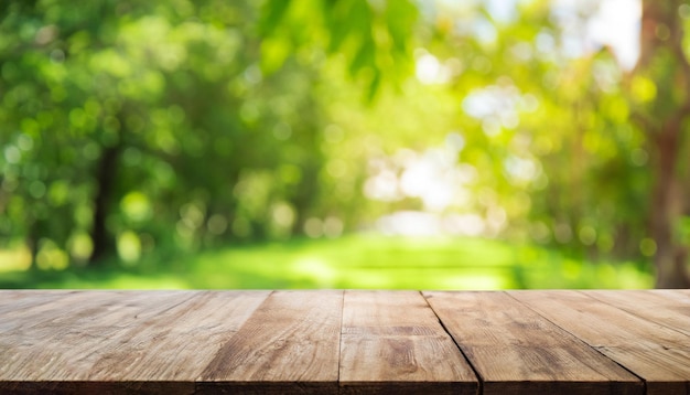 Mesa de madeira vazia para a colocação de produtos na natureza fundo verde generativo ai