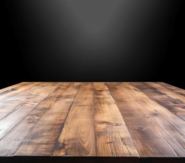 Foto mesa de madeira vazia para colocação ou montagem de produtos com fundo preto foto de alta qualidade