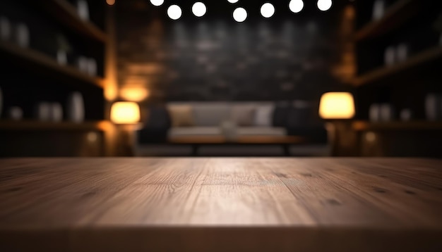 Mesa de madeira vazia para exibição de produtos com fundo desfocado da sala de estar escura Genrative AI