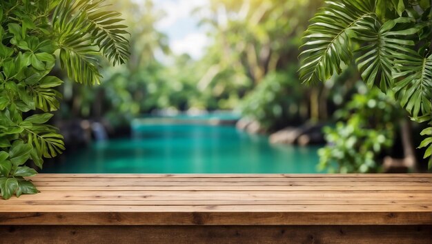 Foto mesa de madeira vazia para exposição de produtos com fundo floral verde tropical