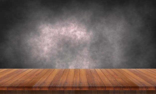 Mesa de madeira vazia solitária em fundo escuro e esfumaçado para simular seu produtoxA