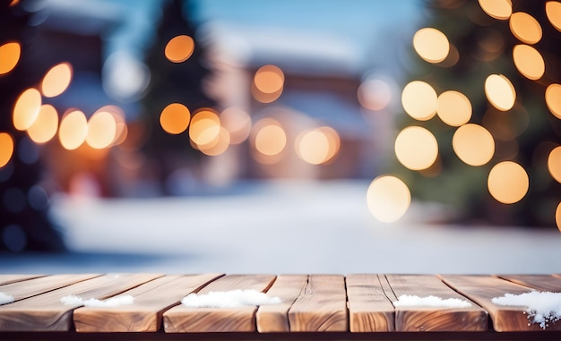 Mesa de madeira vazia turva exterior da casa decorada de Natal com espaço de cópia para o seu produto Maquete ou modelo para cartão de Natal