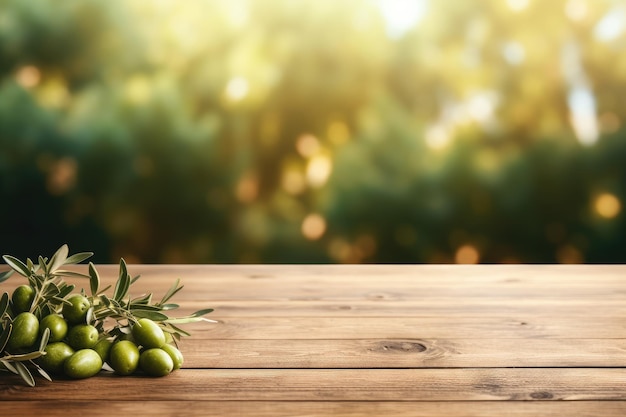 Mesa de madeira velha para exibição de produtos com campo de azeitona verde natural e azeitonas verdes