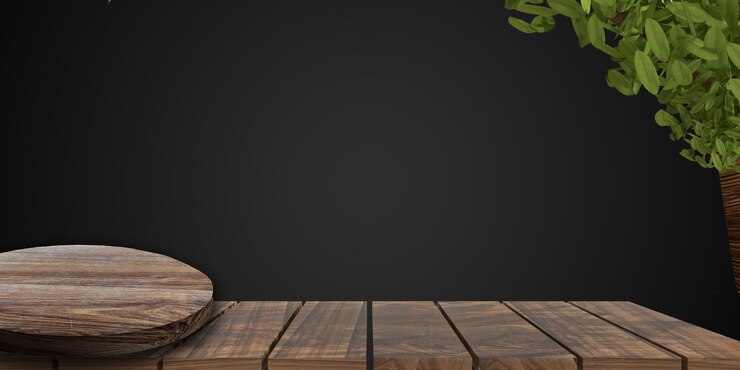 Foto mesa de madeira velha, placa de madeira com tree.in no fundo escuro. conceito de renderização 3d para exibição de comida