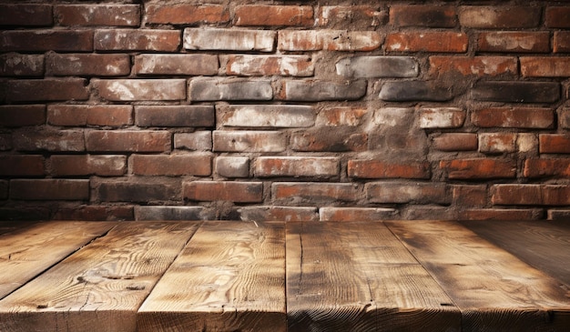Mesa de madeira velha vazia com parede de tijolos marrons no fundo IA generativa