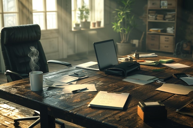 Mesa de madeira vintage com laptop e suprimentos no escritório em casa