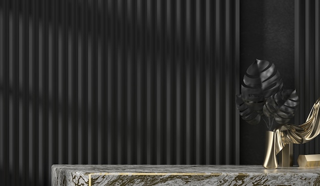 Mesa de mármore abstrata e plantas para exposição de produtos com fundo de cortina preta