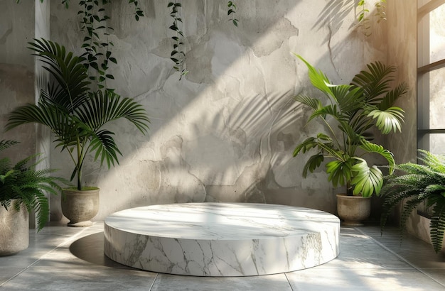 Mesa de mármore branco cercada de vegetação