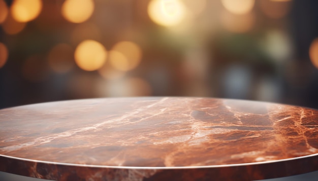 Mesa de mármore castanho para exibição de produtos com fundo de mesa vazio com luz bokeh