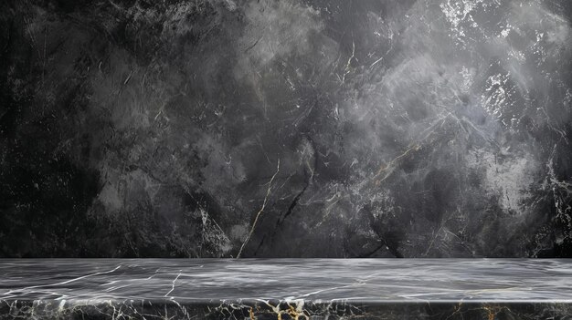 mesa de mármore cinza vazia com fundo de pedra de cimento preto escuro para o produto exibido em humor e tom rústico fundo de luxo para o stand de produtos com espaço de cópia vazio para a festa