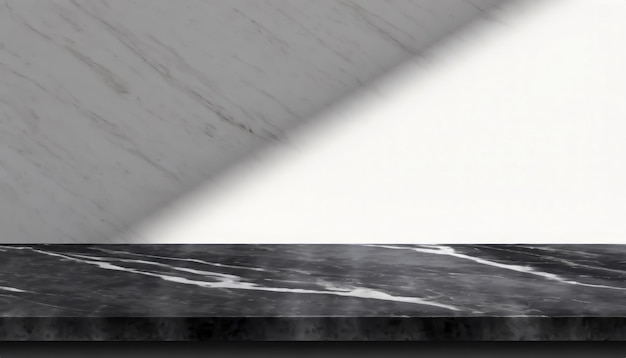 Mesa de mármore preto com queda de sombra em fundo branco da parede para exibição de modelos de produtos