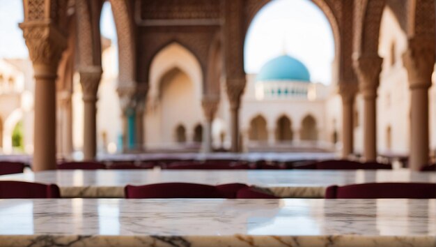 Foto mesa de mármore vazia com fundo de mesquita desfocado