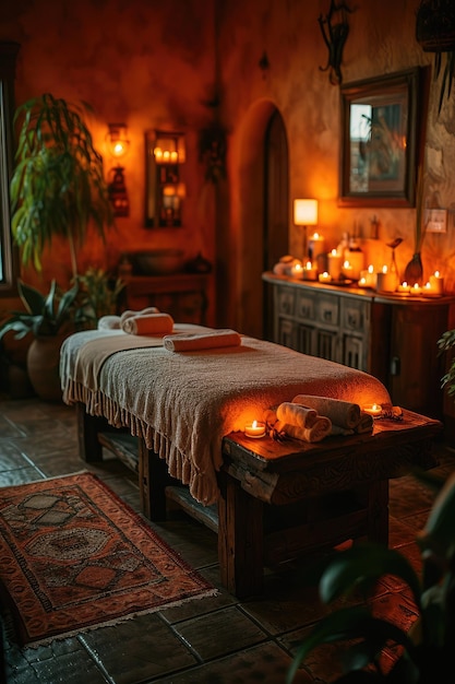 Foto mesa de massagem com velas na sala para uma atmosfera relaxante