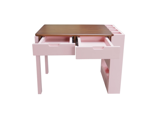 Mesa de mesa de madeira rosa com três prateleiras isoladas no fundo branco. Inspiração de design de interiores.