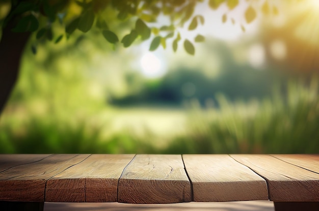 Foto mesa de mesa de madeira vazia abstrata com espaço de cópia sobre exibição de fundo desfocado de primavera e verão para montagem de produtos generative ai