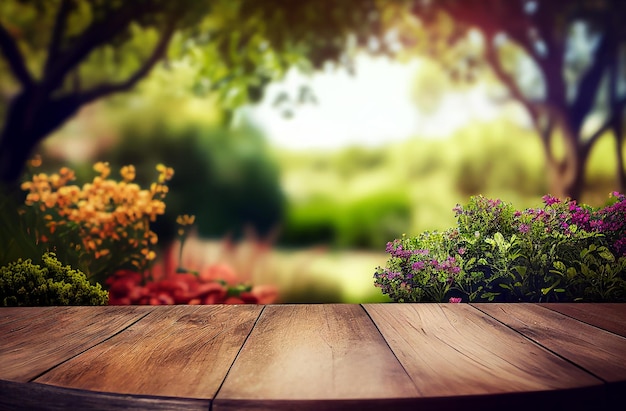 Mesa de mesa de madeira vazia abstrata com espaço de cópia sobre exibição de fundo desfocado de primavera e verão para montagem de produtos