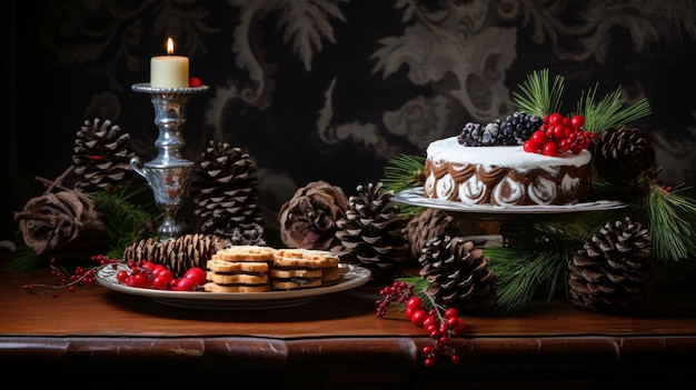 Foto mesa de natal com doces e galhos de abeto