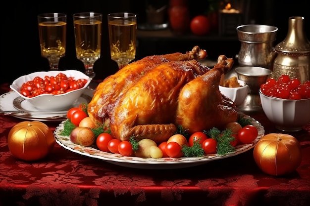 Mesa de Natal com frango assado suculento e pratos dourados HighQuality Stock Photo