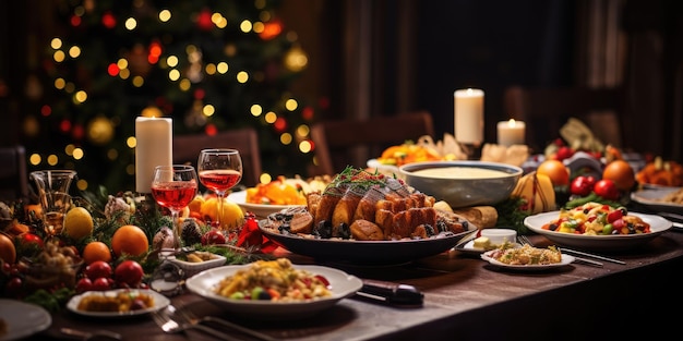 Foto mesa de natal com uma árvore de natal desfocada no fundo muitos pratos de comidaai geradora