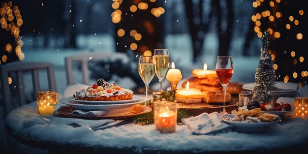 Mesa de Natal em um quintal aberto com champanhe e comida queda de neve na mesa foco seletivo feriado IA generativa