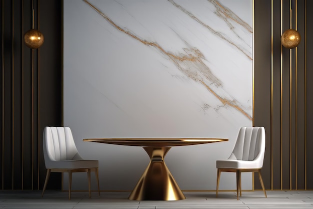 mesa de ouro com uma mesa de ouro e cadeiras na frente de uma grande parede branca