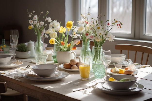 Mesa de Páscoa com flores de primavera