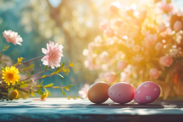 Mesa de Páscoa com ovos de Páscua coloridos ao ar livre no jardim Espaço de cartão de Pásqua para texto