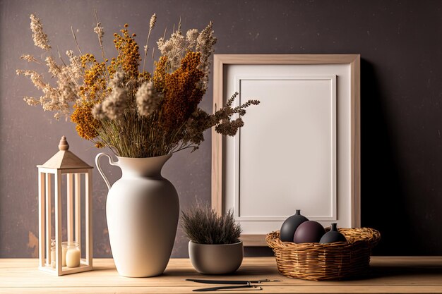 Mesa de pedestal interior de estilo de vida de maquete com cesta vazia de flores secas e livros