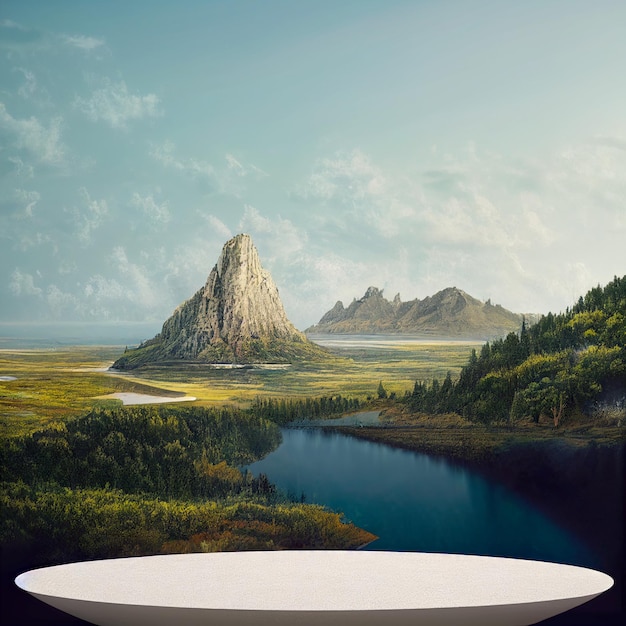 Mesa de pedra ilustração 3d bela paisagem com montanhas e céu azul na plataforma de mármore redonda de fundo para produtos cosméticos em estilo de arte renascentista