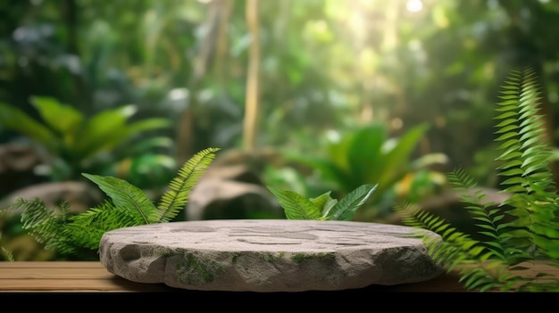 Mesa de pedra vazia para exibição de publicidade de produtos na selva verde fresca desfocada imagem generativa de IA weber