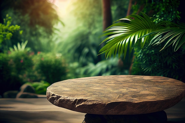 Mesa de pedra vazia para exibição de publicidade de produtos na selva verde fresca