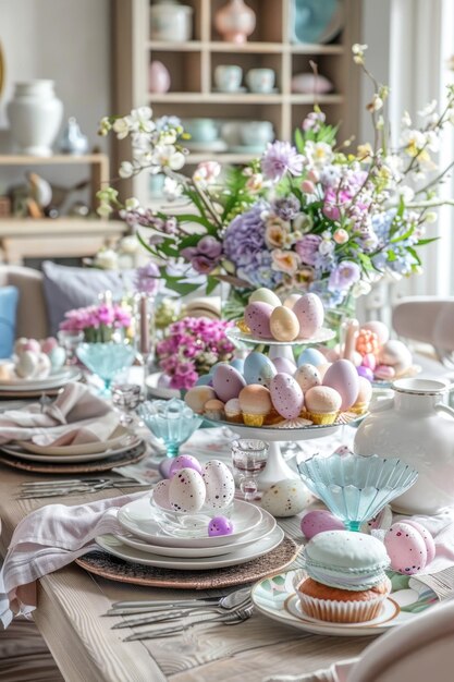 Mesa de pequeno-almoço de Páscoa em uma cozinha com um buquê de flores de primavera