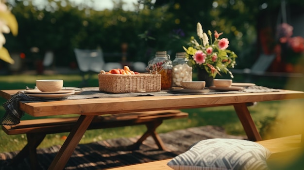 Mesa de piquenique com comida e bebidas