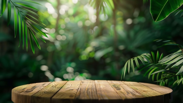 Mesa de pódio de madeira ao ar livre borrada monstera verde floresta tropical planta natureza fundo