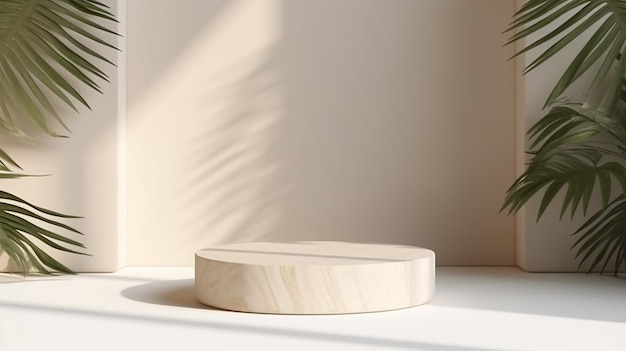 Mesa de pódio de madeira natural mínima à luz do sol sombra de folha de palmeira na parede creme em branco Generative AI