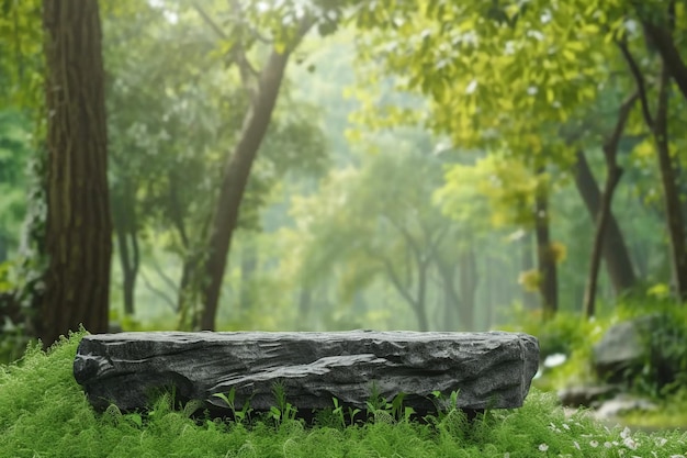 Mesa de pódio de pedra piso superior na grama ao ar livre desfocar verde fresco floresta tropical árvore natureza