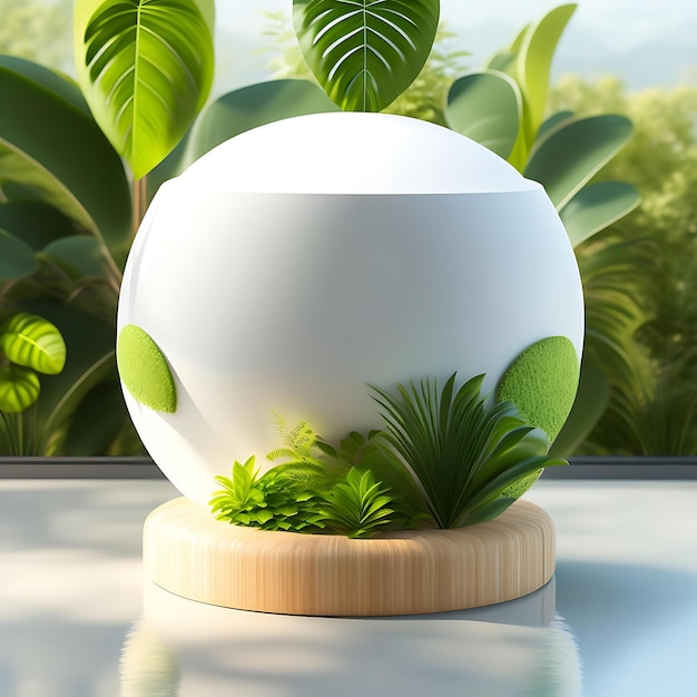 Mesa de pódio redonda, branca e brilhante, vazia, perna de madeira, em planta de folhagem exuberante, tropical, verde e fresca