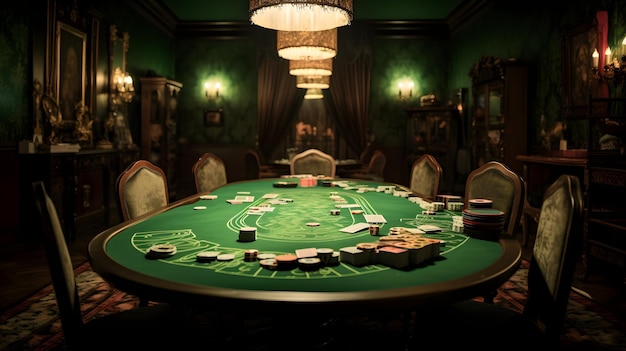 Mesa de pôquer AllIn Excitement com fichas e cartas no cassino