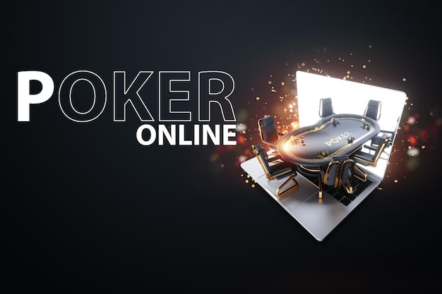 Mesa de pôquer on-line de pôquer na sala de pôquer de tela do laptop jogo de pôquer cassino on-line texas hold'em jogos de cartas de aplicação estilo de revista de design moderno 3d render ilustração 3d