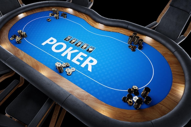 Mesa de pôquer, sala de pôquer, jogo de pôquer, cassino, texas hold'em, jogo online, jogos de cartas, renderização 3d, ilustração 3d, design moderno, estilo de revista